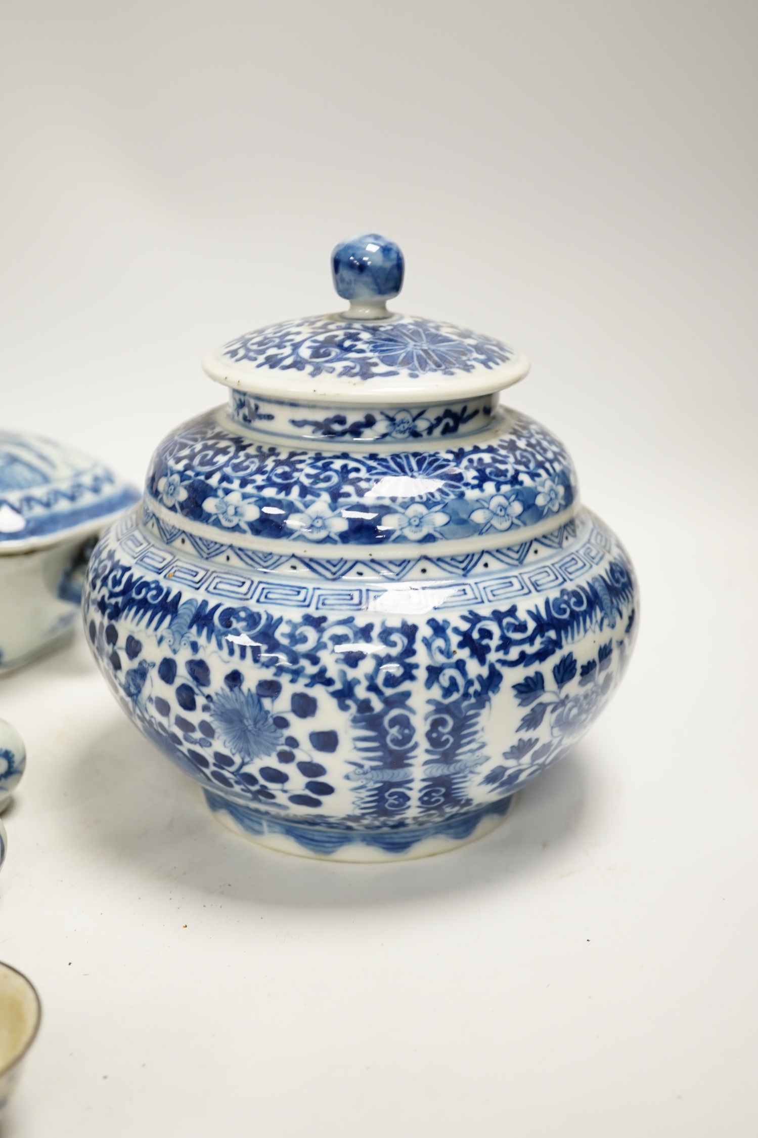 A Japanese Hirado ‘turtle’ teapot, an 18th century Chinese blue and white tureen and cover, an early 20th century jar and cover, teapot and various small vases, covers etc.